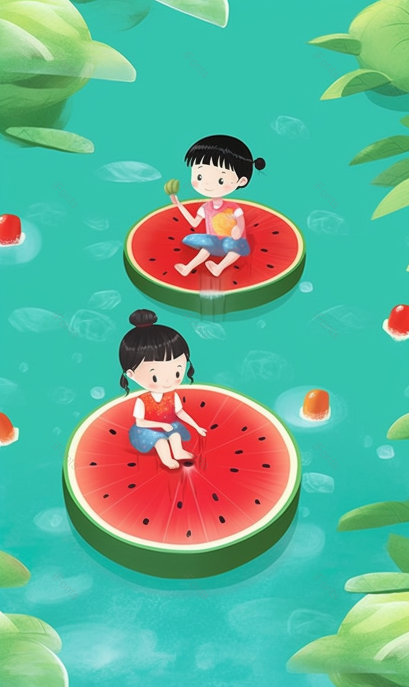 儿童插画西瓜泳池里的萌娃儿童节创意插画壁纸,插画/手绘图,插画/手绘图库,插画/手绘图下载,插画/手绘